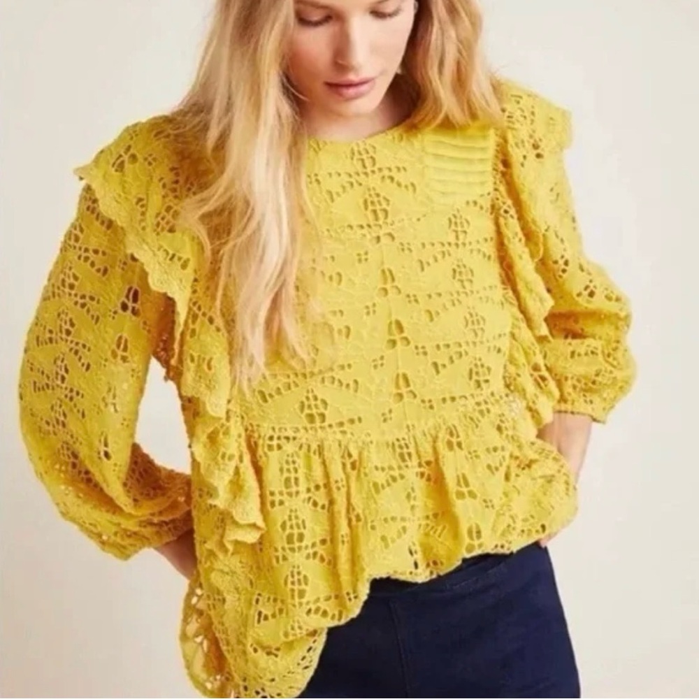 Anthropologie XL Eyelet Lace Ruffle Women's Top Boho Mustard Colorful Coquette